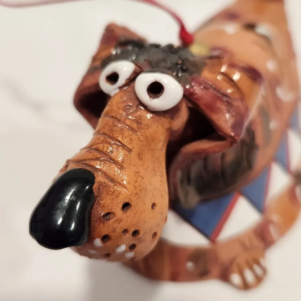 Handmade‎ Studio Pottery Dachshund Dog Bell Ornament Whimsical Folk Art Brown